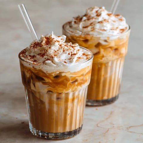 Two glasses of a Starbucks copycat iced pumpkin spice latte.
